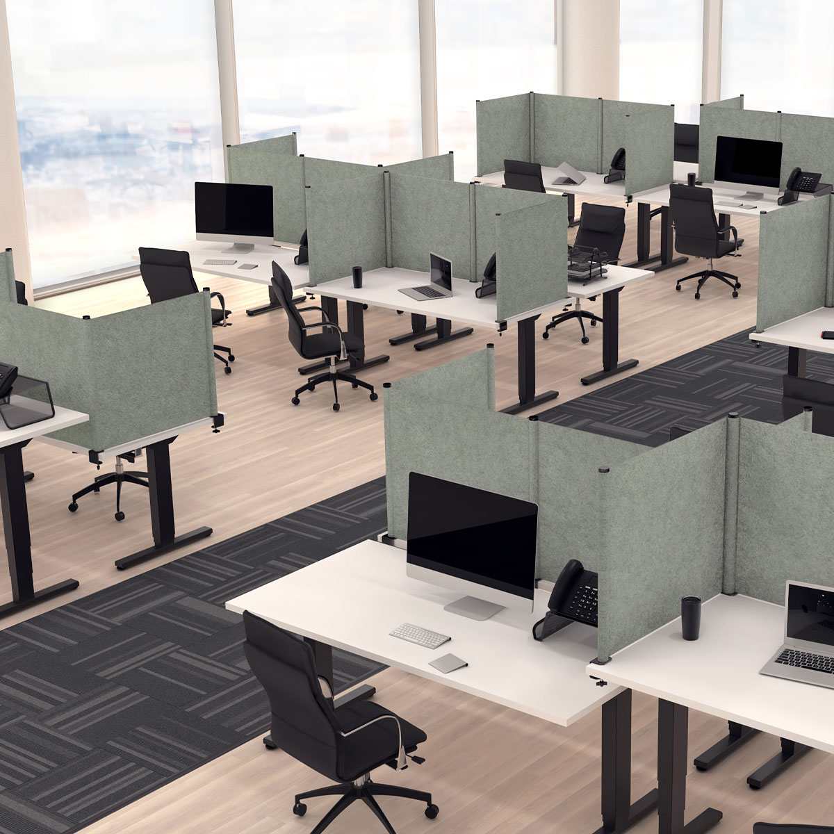 large open office with privacy screens around desks