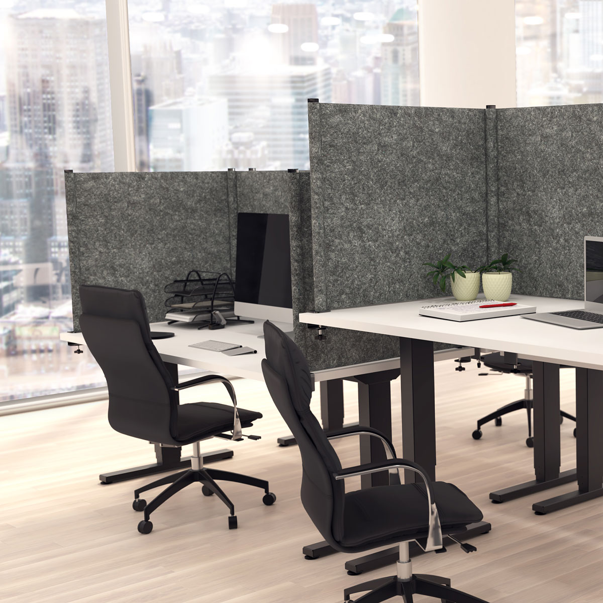 privacy screens around a group of desks in an office